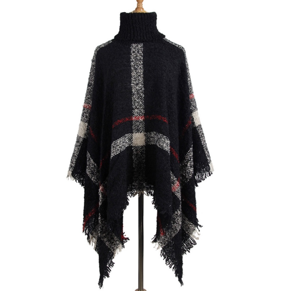 Black Plaid Turtleneck Poncho Cape - Picture 2 of 8